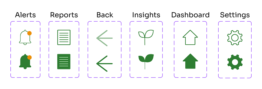 Navigation component designs including buttons, menus, and interactive elements